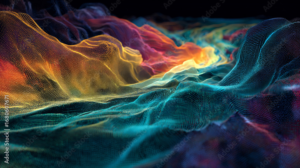 Poster abstract fire background dynamic colorful digital particle wave flowing on black background. abstrac