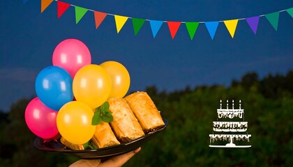Festive pastries and balloons against a twilight sky