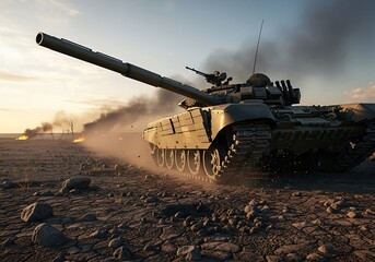 Military Tank in Action, Desert Battlefield, Sunset.