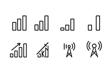 Signal Strength Icons. Outline icon set of signal strength: full bars, medium bars, low bars, no signal, signal boost, signal