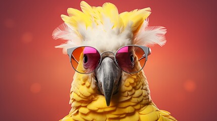 Colorful parrot wearing stylish sunglasses and funny hairstyle isolated on vibrant red background