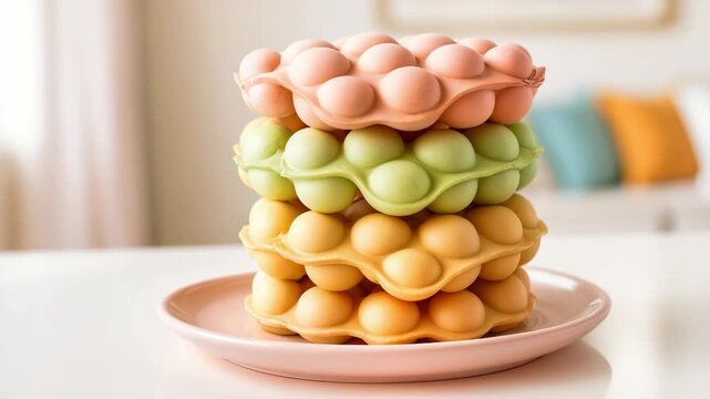 Pastel bubble waffles stacked attractively for appetizing studio shot. Freshly made bubble waffles are arranged artistically, with each layer showcasing pastel colors and crisp textures.