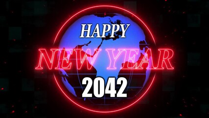 Animation of happy new year 2042 red letters. Alpha Channel and grid and global Screen background. A beautiful animated Happy new year background with abstract element and textures