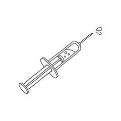 Medical syringe for injection of liquid on a white background. Black and white stylized illustration. Vector graphics. Medical theme.
