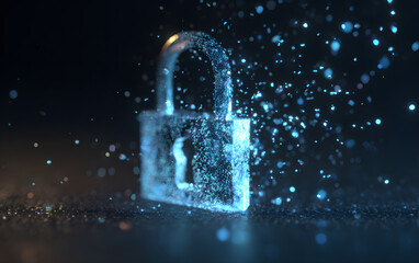 A glowing blue padlock with digital particles aroundit on a dark background.