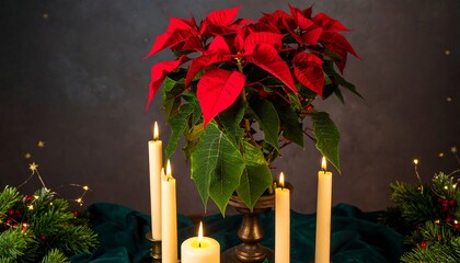 Festive poinsettia centerpiece with lit candles and greenery (1)