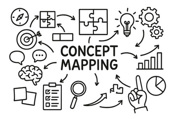 Strategy Concept Doodles. Hand-drawn doodle illustration Concept mapping in strategy puzzle pieces, flowchart, target, light bulb,