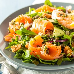 Fresh salmon salad on a plate