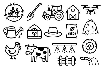 Fototapeta premium Sustainable Farming Icons. Hand-drawn doodle illustration Sustainable farming practices crop rotation icon, plow, tractor, barn,