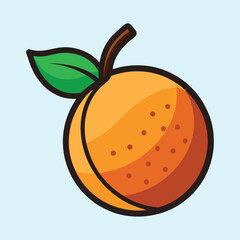 Illustration of a vibrant cartoon peach with a leaf and stem, simple design