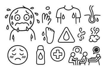 Sweating Symptoms Doodle. Hand-drawn doodle illustration excessive sweating sweat drop, nervous face, body outline, sweat gland,