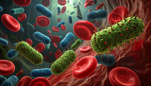 Microscopic view of bacteria and red blood cells interacting within a blood vessel.
