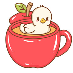 Cute kawaii baby silly goose illustration swimming in an apple mug hand drawn cartoon style artwork perfect for children nursery prints greeting cards and stickers