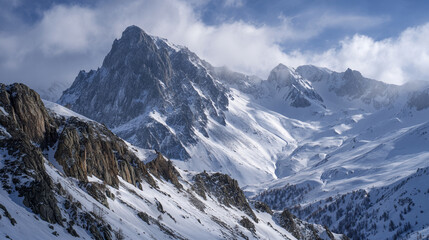 A view of snow covered mountains with a cloudy sky creating a scenic winter landscape scene