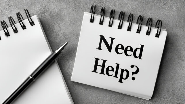 Monochrome Flatlay Need Help Message on Notepad with Pen