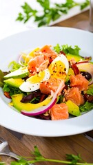 Fresh salmon salad with avocado, eggs, and greens