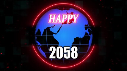 Animation of happy new year 2058 red letters. Alpha Channel and grid and global Screen background. A beautiful animated Happy new year background with abstract element and textures