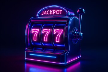 Casino jackpot concept glowing neon slot machine winning combination 777 gambling entertainment fortune wealth colorful light gaming success risk betting nightlife and digital opportunity