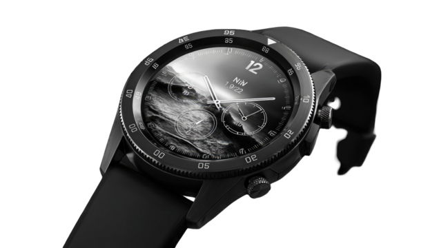 Black smart watch with a grayscale photo of waves