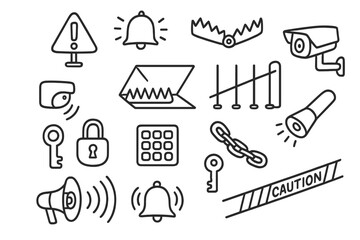Trap Warning Icons. Hand-drawn doodle illustration trap warning warning sign, alarm, spikes, trapdoor, motion sensor, laser grid,