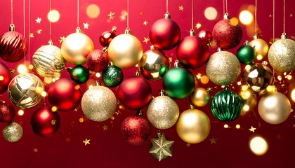 Festive red background with hanging ornaments in red, green, and gold