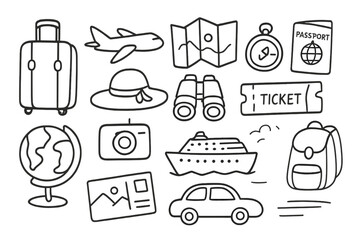 Fototapeta premium Travel Doodle Icons. Hand-drawn doodle illustration travel theme suitcase, airplane, camera, map, compass, passport, globe,