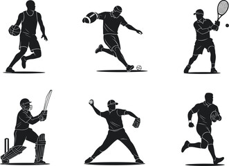 Sports silhouette illustration featuring basketball, soccer, tennis, cricket, baseball, and rugby athletes performing competitive action poses in dynamic vector design.