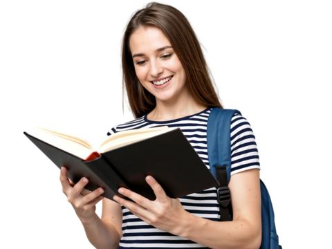 Young female student holding and reading a book isolated on transparent background