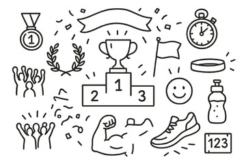Victory Podium Icons. Hand-drawn doodle illustration Victory podium moment podium, trophy, medal, laurel wreath, flag, cheering