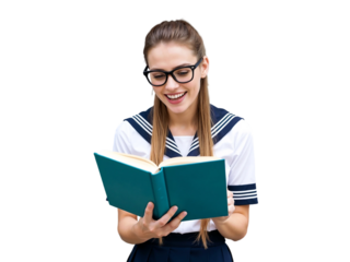 Young female student holding and reading a book isolated on transparent background