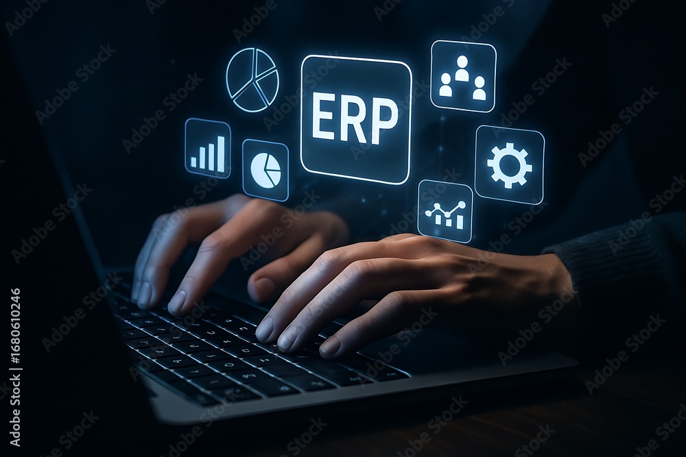 Poster hands typing on a laptop keyboard with a futuristic holographic interface showing integrated busines