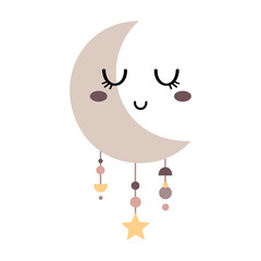 Boho crescent moon clipart in pastel colors. Bohemian celestial vector illustration.