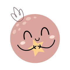 Kawaii full moon with star and crown in boho style. Vector celestial baby illustration.