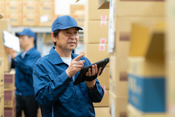 倉庫で仕事をするシニアの作業員