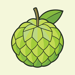 Vibrant Green Sugar Apple or Sweetsop with Leaf and Stem Illustration
