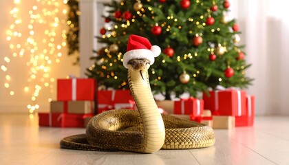 Festive reptile in Santa hat, posed near Christmas tree and gifts