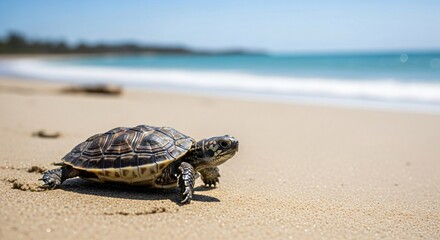 Obraz premium Small turtle crawling on sandy beach towards blue ocean. Wildlife animal moving on tropical shore. Conservation nature concept.