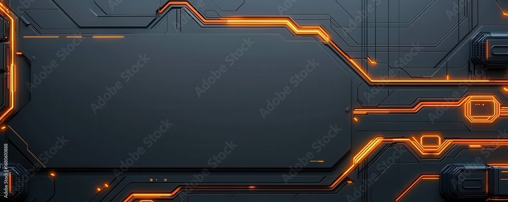 Poster a sleek, dark abstract background featuring intricate circuit patterns with glowing orange accents.