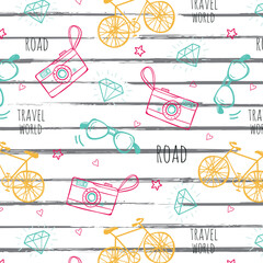 Hand drawn seamless pattern of travel summer vacation elements, luggage, map, suitcase, sea star. Doodle sketch style. Travel element drawn by digital pen. Illustration for wallpaper, background
