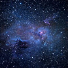 An enchanting dark blue starry night sky reveals a bright, deep-space galaxy with a constellation and nebula