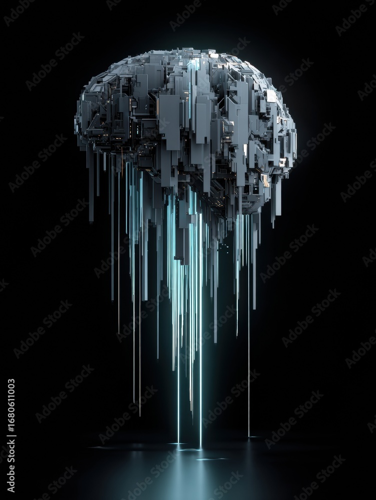 Aufkleber futuristic digital brain structure with neon lights in a dark environment showcasing technology and 