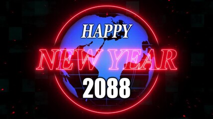 Animation of happy new year 2088 red letters. Alpha Channel and grid and global Screen background. A beautiful animated Happy new year background with abstract element and textures