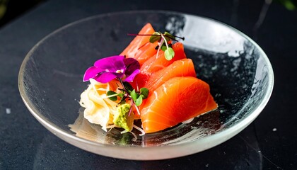 Fresh salmon sashimi on a glass plate