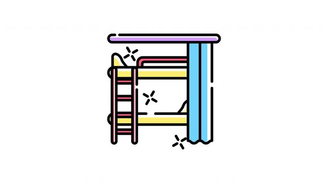 Dormitory room colourful icon animation illustration of a bunk bed with ladder suggests student housing or shared living spaces.