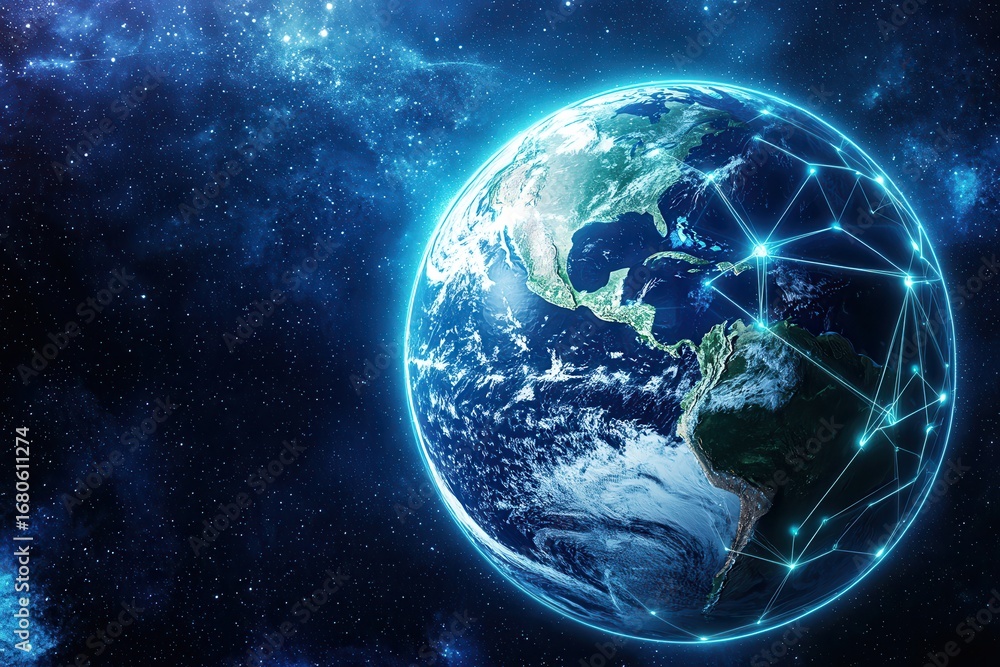 Poster a digital representation of earth surrounded by a starry background, showcasing interconnected netwo