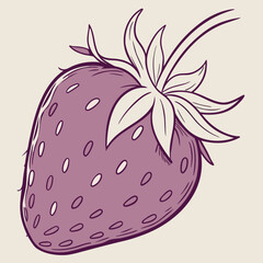 A single purple strawberry with a green stem and leaves drawn in a simple outline style