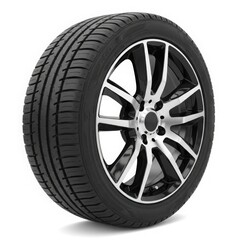Obraz premium Close up of a modern car tire and alloy wheel