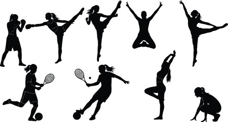 Silhouettes of Active Women in Sports and Fitness Poses Featuring Boxing, Tennis, Soccer, Yoga, Stretching, and Dance