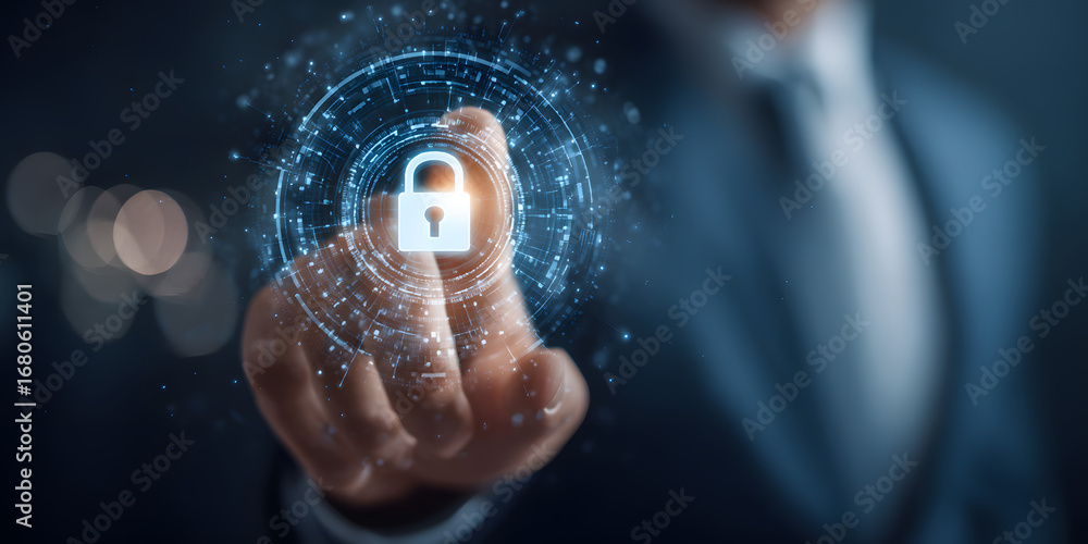 Poster cybersecurity protection with a businessman holding digital padlock for loginidentity verification a