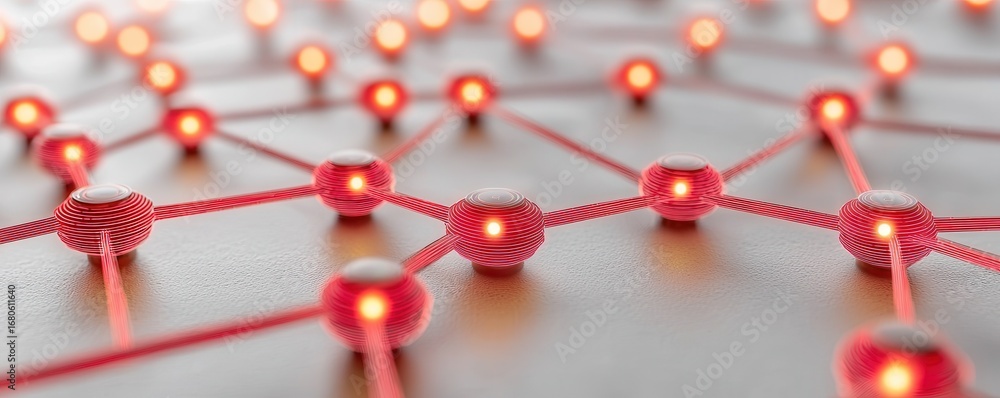Poster a close-up view of glowing red nodes connected by lines, resembling a network or circuit diagram, em